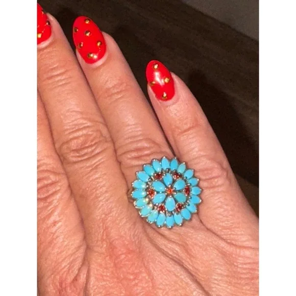 925 Sterling Silver Turquoise Garnet Flower Ring Cluster Statement Ring - Picture 3 of 9
